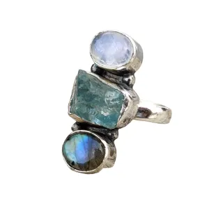 Beautiful Multi Raw Crystal Gemstone Ring 925 Sterling Silver Handmade Ring Raw Aquamarine With Moonstone And Labradorite Ring Healing Chakra Stone Ring For Women Birthday Gift Ring By Silverekh