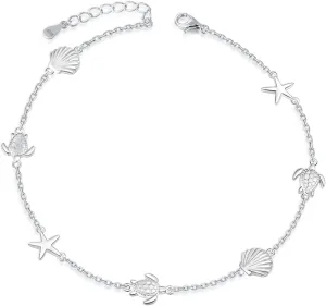 BEILIN 925 Sterling Silver Ocean Beach Anklets for Women Starfish Conch Turtle Ankle Bracelets for Women
