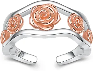 BEILIN Sterling Silver Rose Flower Toe Rings for Women, Adjustable (Size 3-5), Rose Gold, Open Toe Rings, Summer Beach Foot Jewelry