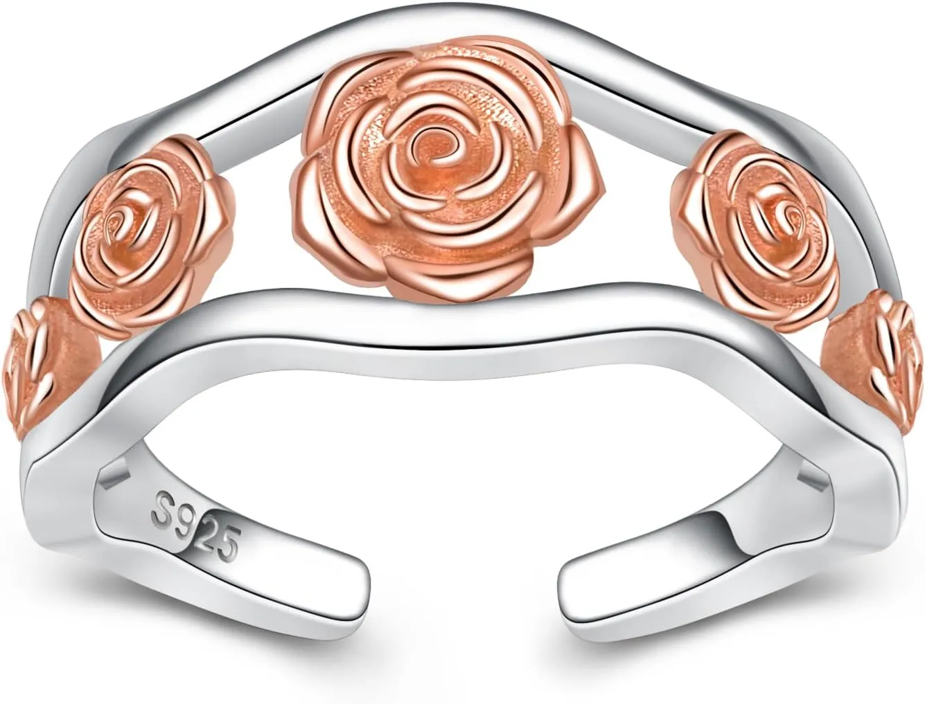 BEILIN Sterling Silver Rose Flower Toe Rings for Women, Adjustable (Size 3-5), Rose Gold, Open Toe Rings, Summer Beach Foot Jewelry