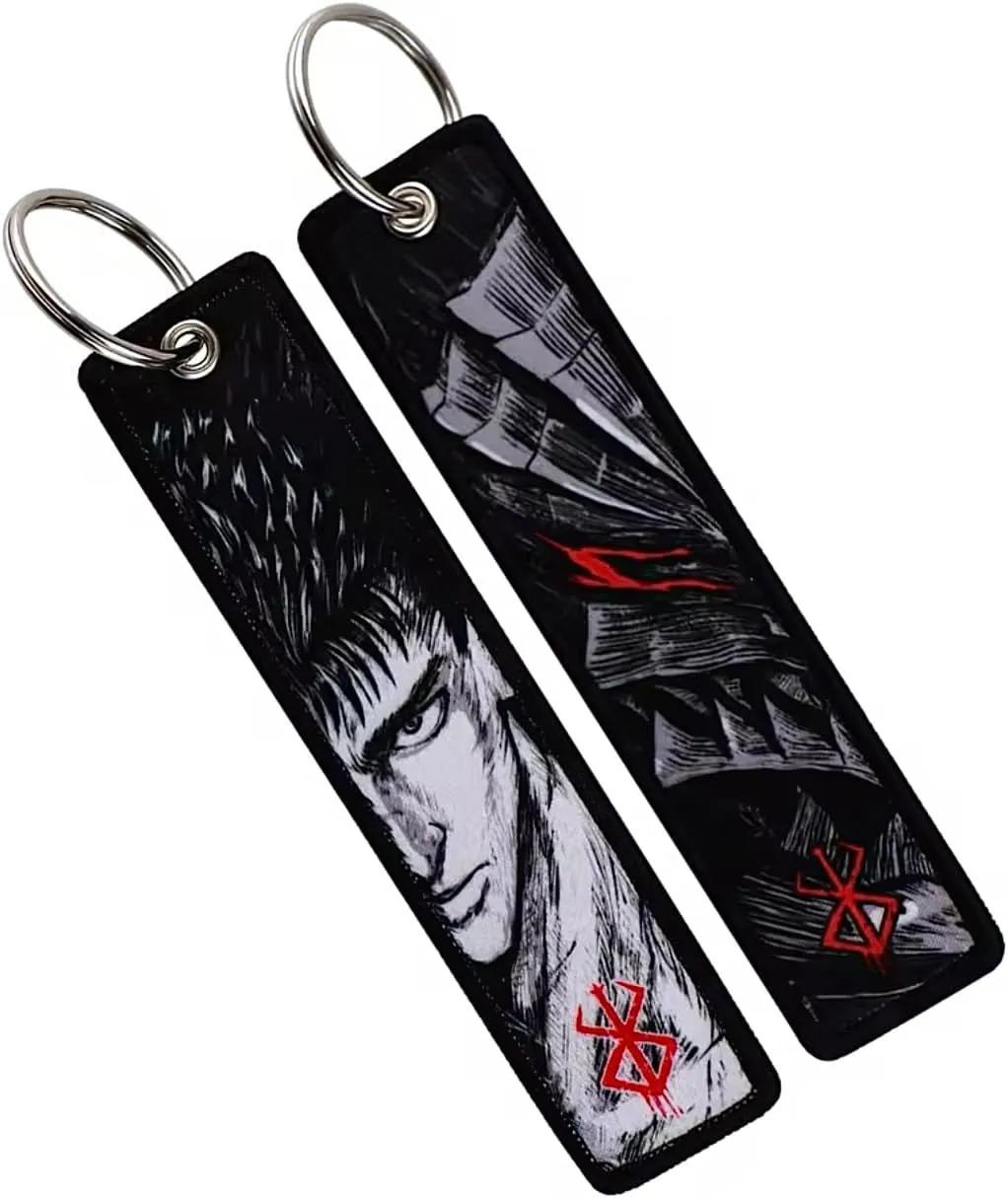 Berserk anime Art Double-Sided Keychain,jet tag Black and White Design with Red Accents, Metal Ring