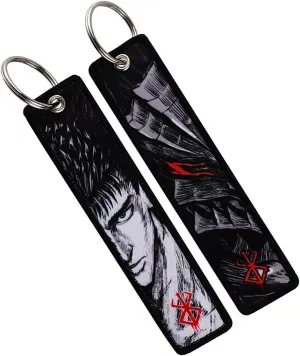 Berserk anime Art Double-Sided Keychain,jet tag Black and White Design with Red Accents, Metal Ring