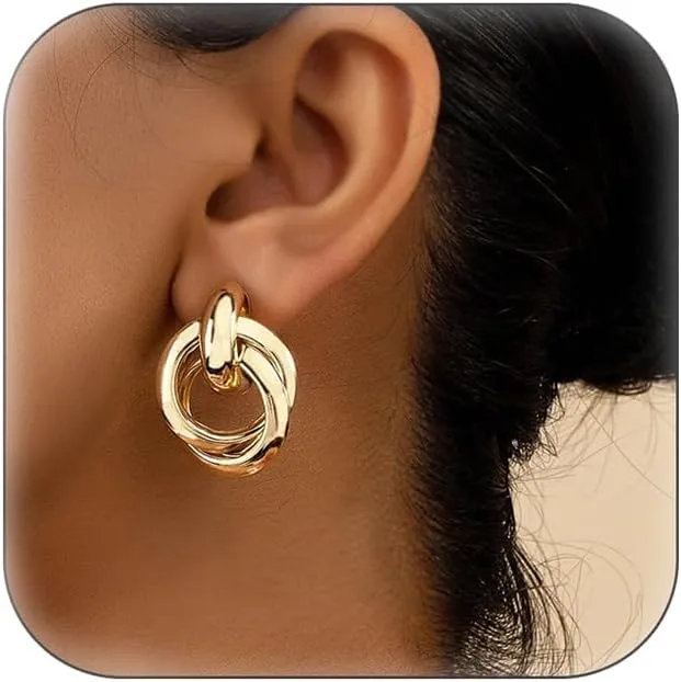Bethynas Gold Silver Twisted Cricle Hoop Earrings Retro Round Double Circle Stud Earrings Statement Chunky Polished Plated Drop Hoop Earrings for Women and Girls
