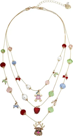 Betsey Johnson Womens Jingle Bell Bling Christmas Charm Layered Necklace