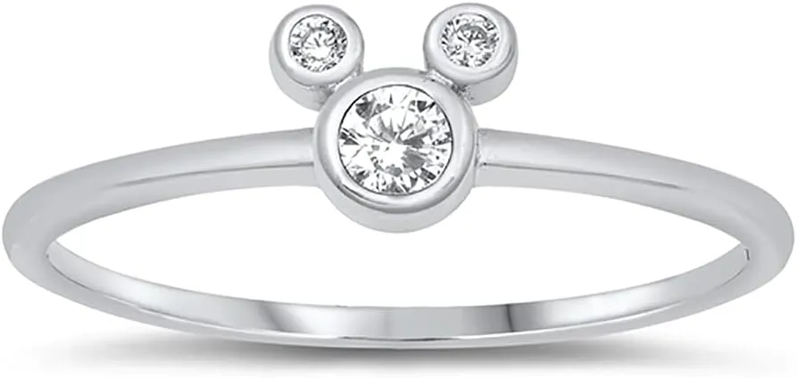 Bezel Clear Cubic Zirconia Mouse Ring 925 Sterling Silver (Comes in Colors and Sizes)