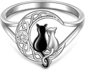 Black Cat Ring Celtic Knot Crescent Moon Rings for Women Sterling Silver Cute Black and White Cat Matching Thumb Rings Animal Pentagram Pentacle Halloween Cats Lover Gifts Size 7-9