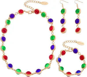 Bocar Classical Vintage Crystal Choker Necklace Earrings Bracelet Sparkly Colorful Resin Collar Necklaces Alloy Gold Chain Jewelry Set for Women Party Prom Wedding