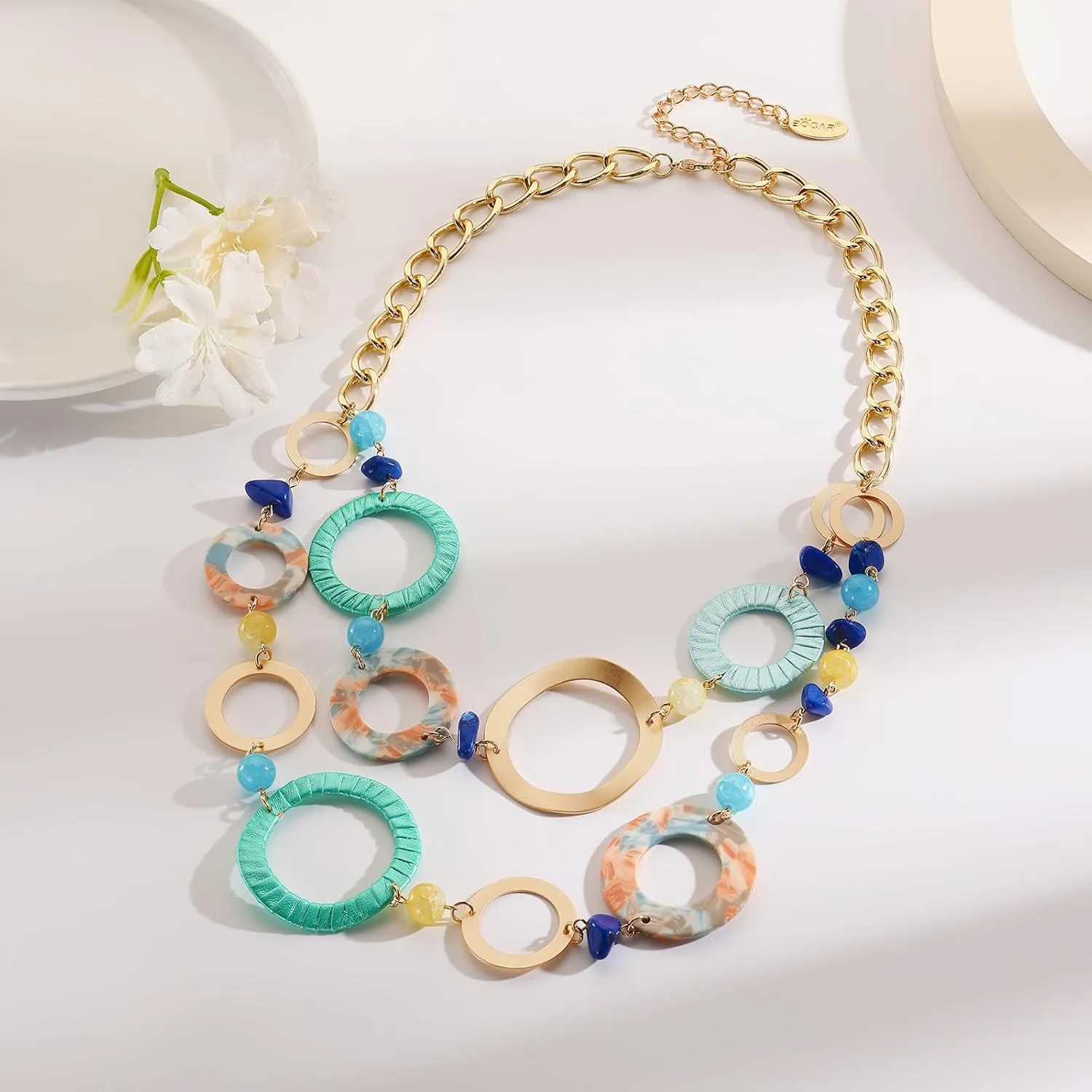 Bocar Layered Collar Necklace Statement Circle 2 Strand Chain Jewelry Necklaces Trendy for Women Gift