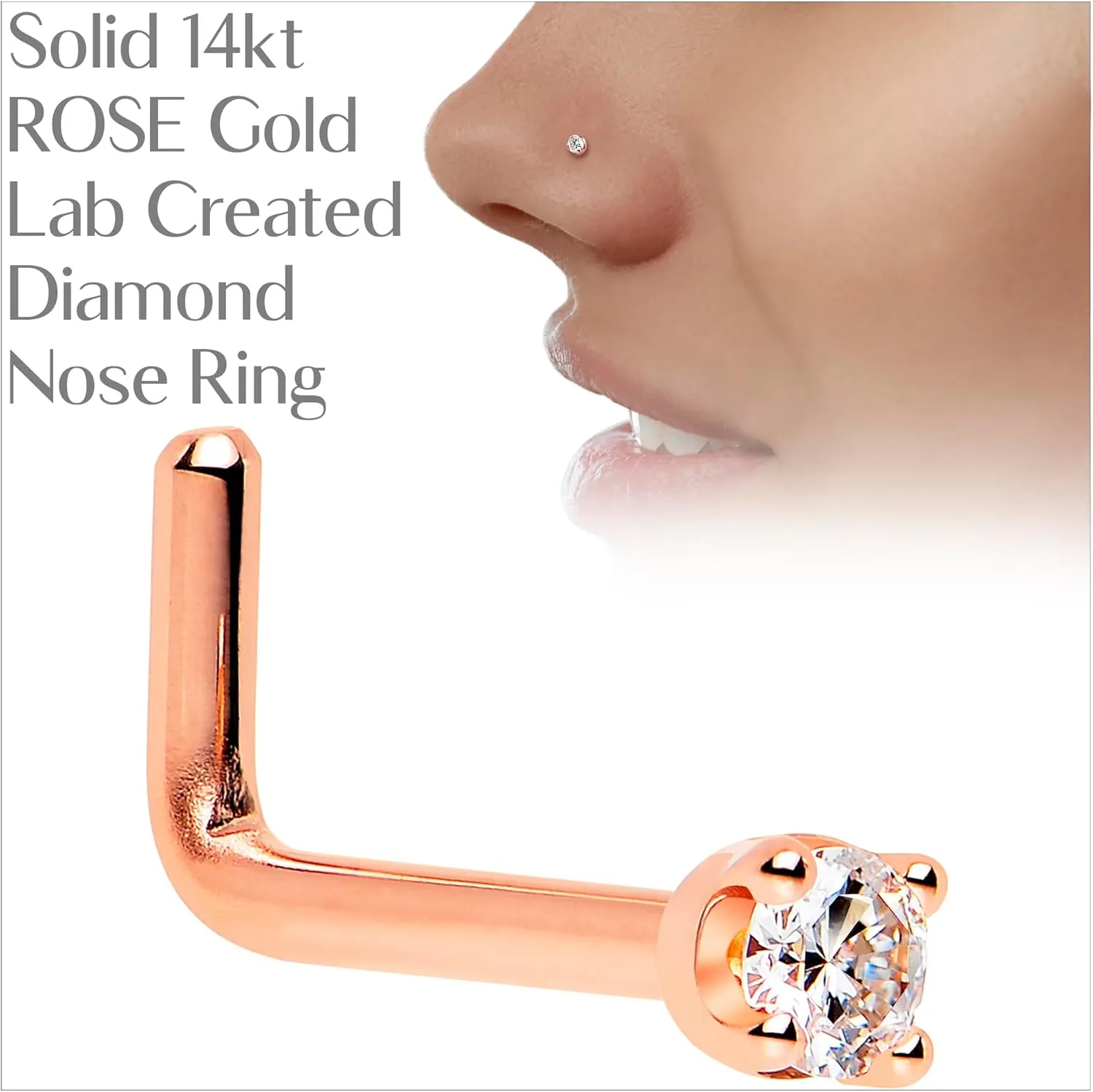 Body Candy 14k Solid Gold Nose Ring Studs - 2mm Lab Grown Diamond Created by MasterJeweler - L-Shape Nose Ring 18 Gauge 20 Gauge Real Gold Nose Ring Piercing Jewelry for Women, Men