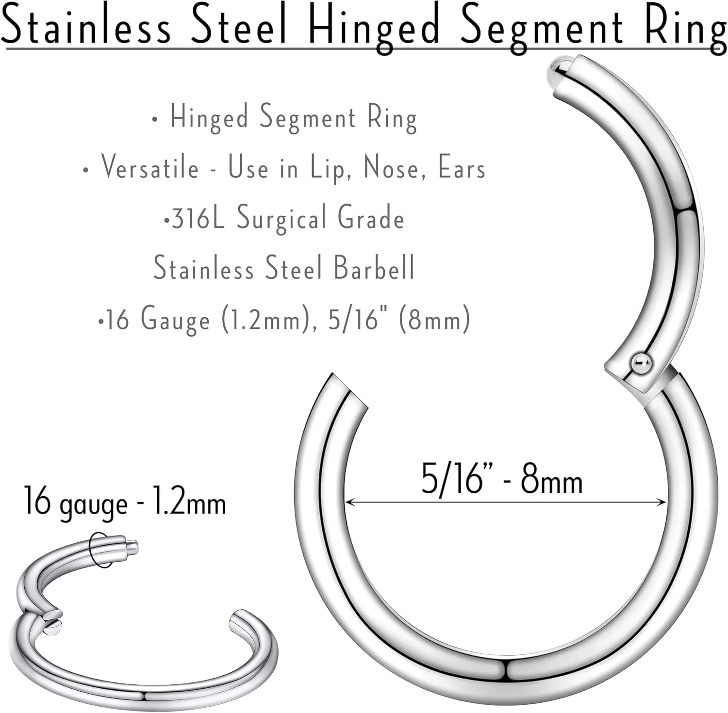 Body Candy Segment Hoop Nose Rings 16 Gauge 316l Surgical Steel Lip Ring Cartilage