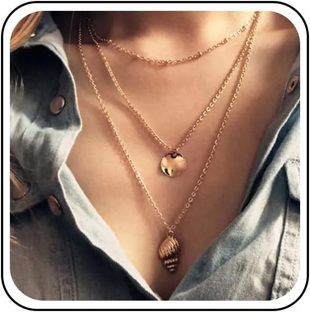 Bohemia Layered Seashell Necklace Choker Gold Coin Disc Pendant Necklace Chain Conch Shell Necklace Handmade Beachy Necklace Jewelry for Women