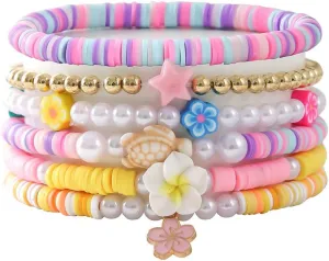 Bohemia Surfer Heishi Bead Bracelets Set Y2k Star Flower Charms Pearl Bracelets Sea Turtle Evil Eye Colorful Clay Beaded Stretch Bracelet for Women Summer Beach Jewelry Gifts