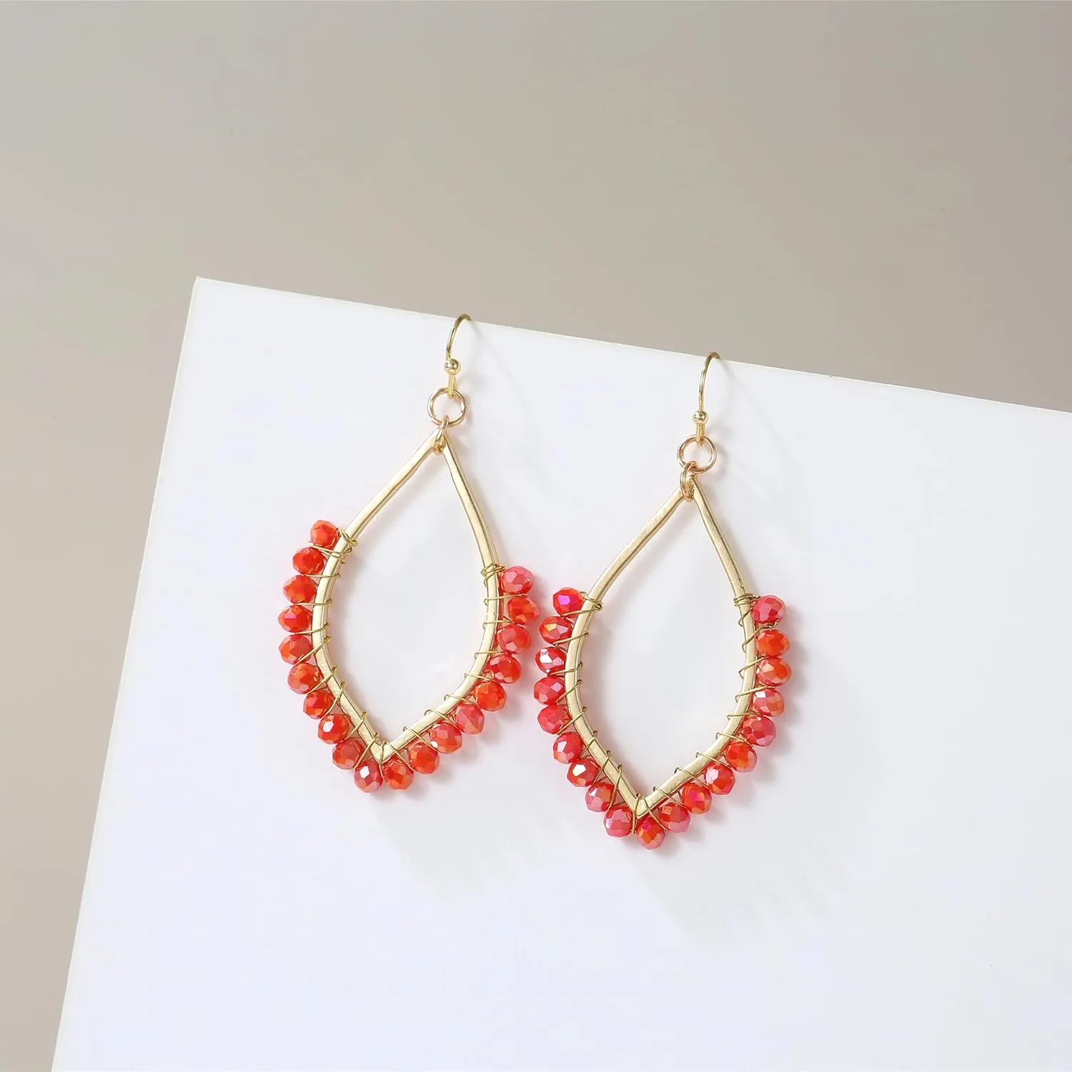 Bohemian Boho Beaded Teardrop Dangle Drop Earrings Hollow Sparkly Crystal Gold or Silver Wire Wrapped Crystal Earrings Statement Jewelry Gift