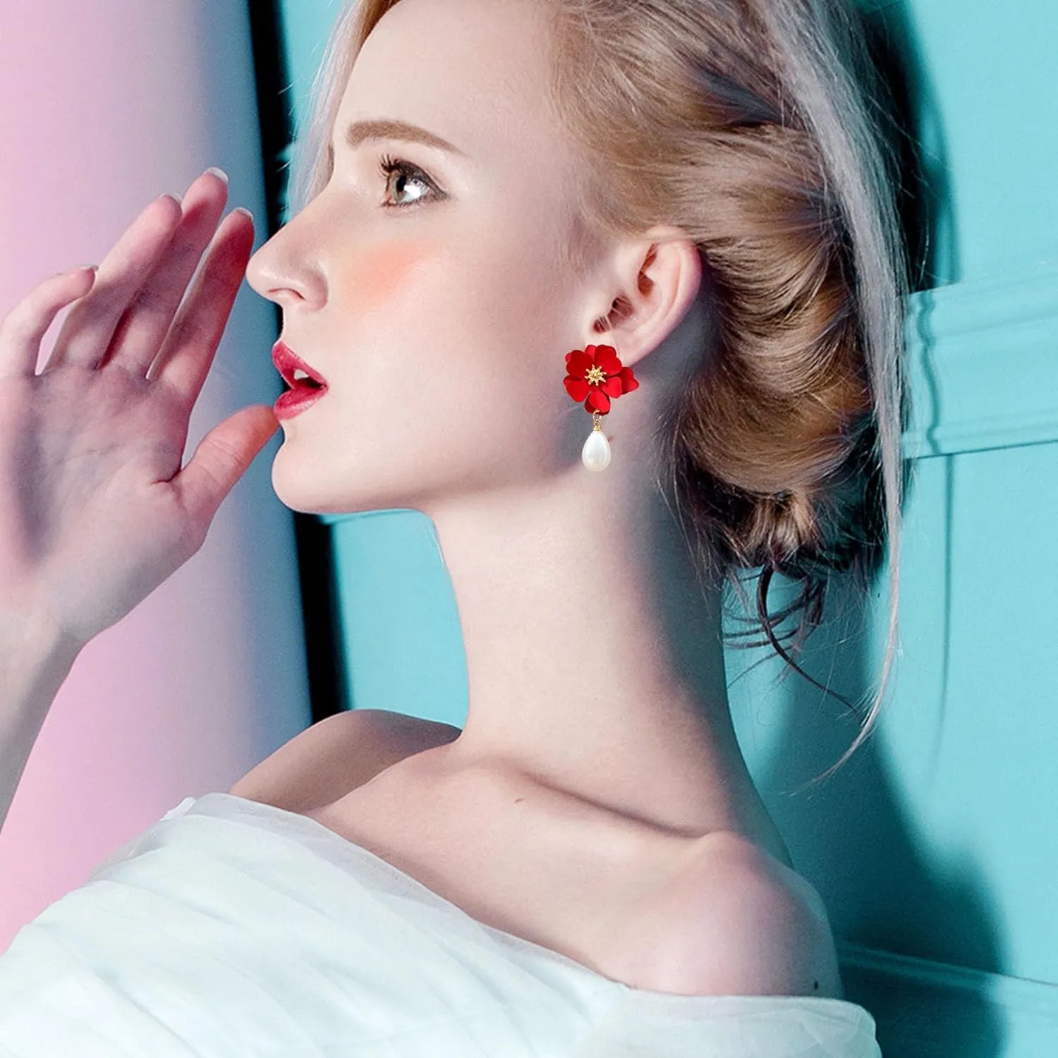 Bohemian Daisy Flower Matte Floral Petal Pearl Drop Dangle Earrings Layered Tiered for Women