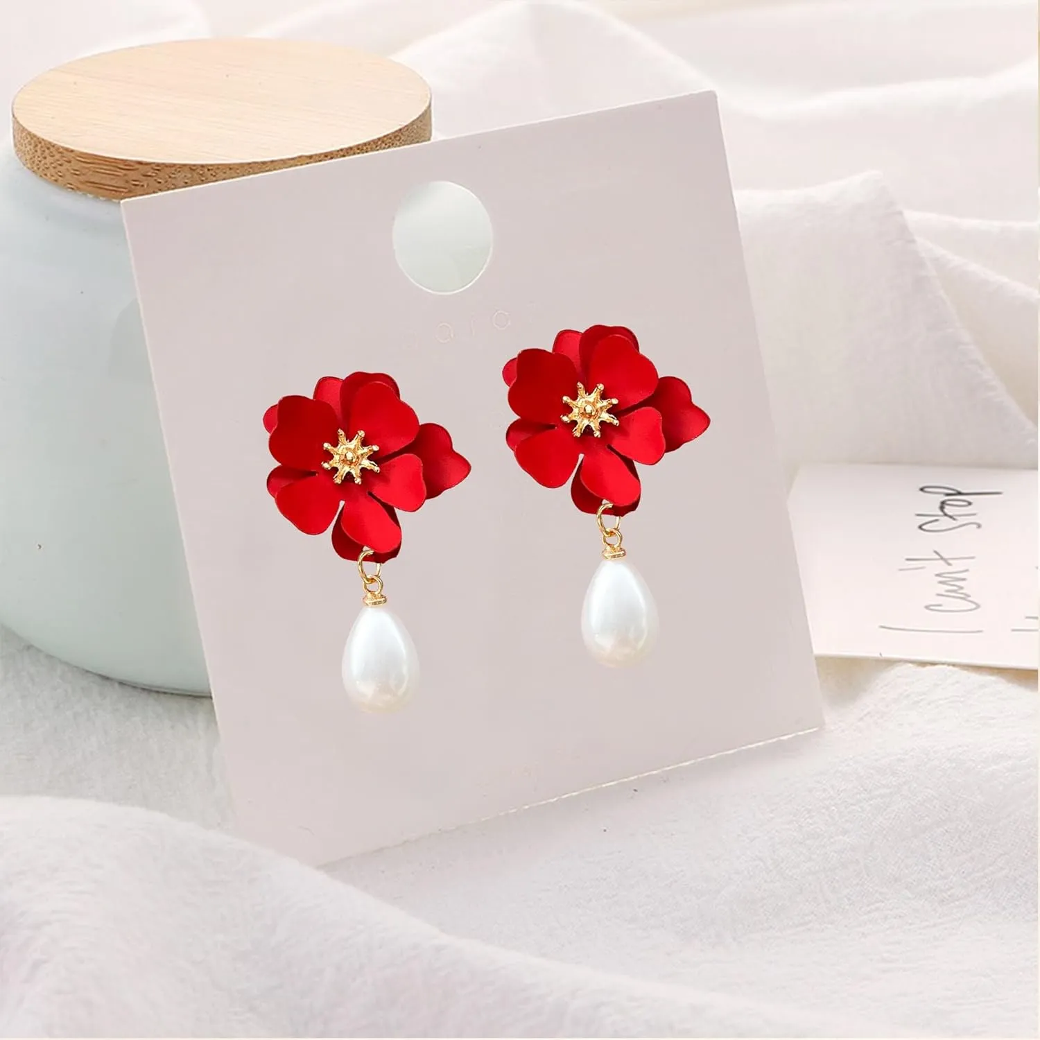 Bohemian Daisy Flower Matte Floral Petal Pearl Drop Dangle Earrings Layered Tiered for Women