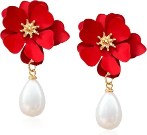 Bohemian Daisy Flower Matte Floral Petal Pearl Drop Dangle Earrings Layered Tiered for Women