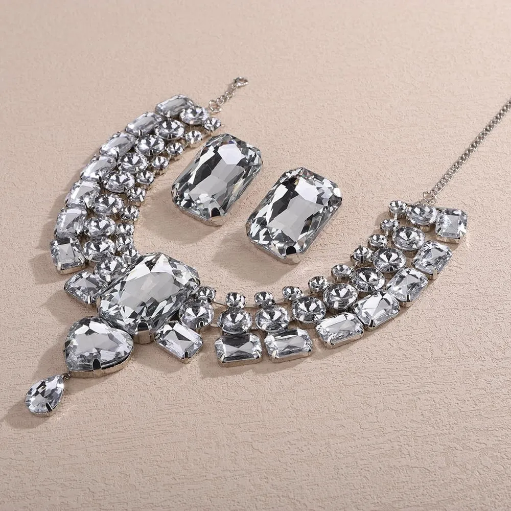 Boho Large Rhinestone Choker Necklace Earrings Set Heart Dangle Necklace Rectangle Crystal Earrings for Women Gothic Crystal Wedding Accessories for Women for Party Prom
