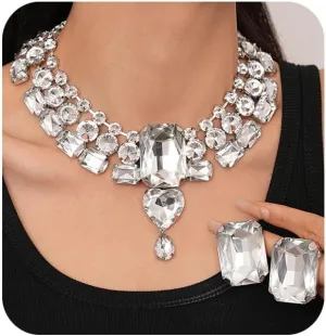Boho Large Rhinestone Choker Necklace Earrings Set Heart Dangle Necklace Rectangle Crystal Earrings for Women Gothic Crystal Wedding Accessories for Women for Party Prom