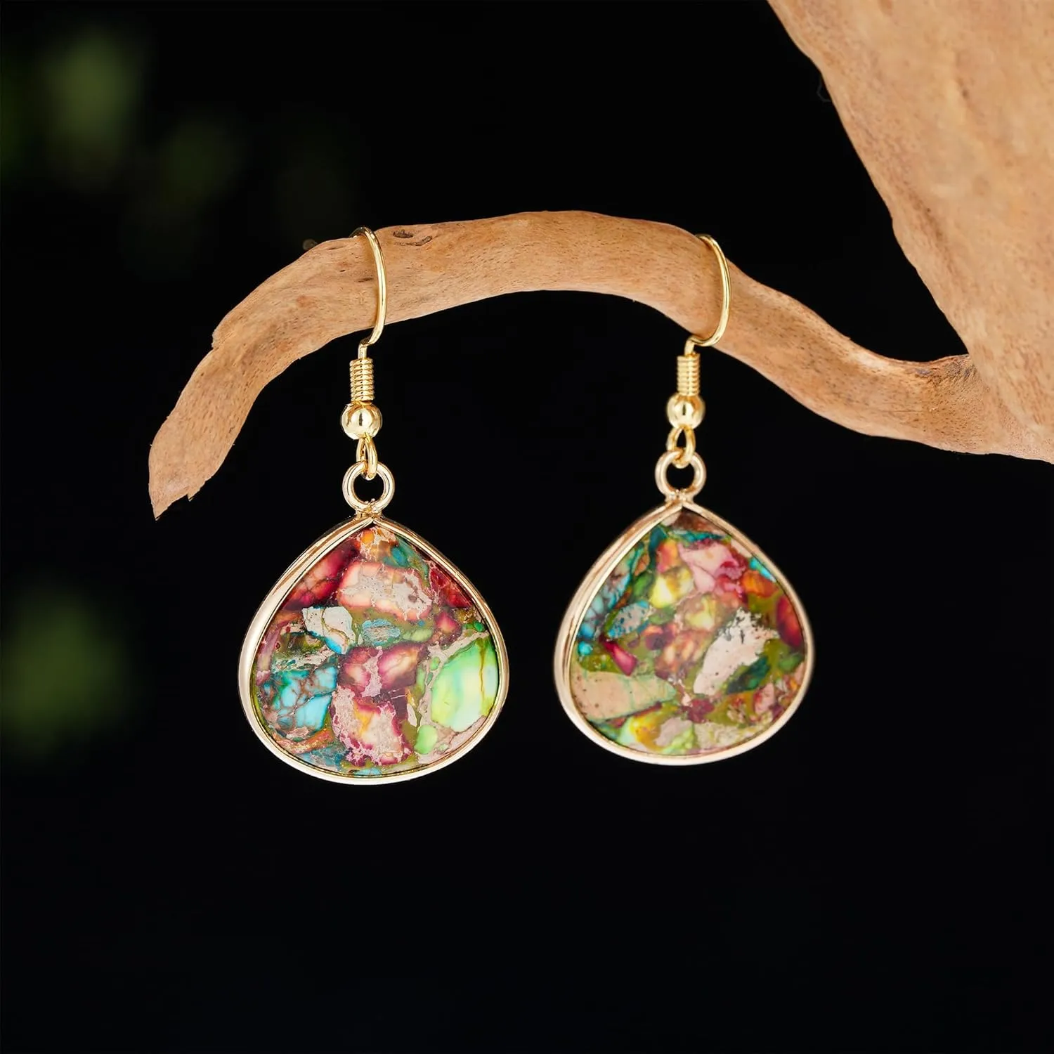 Boho Women Natural Stone Earrings Unique Healing Imperial Jasper Gemstone Energy Hypoallergenic Lightweight Dangle Drop Earrings Multiple Styles Earrings Jewelry for Birthday Party Gift