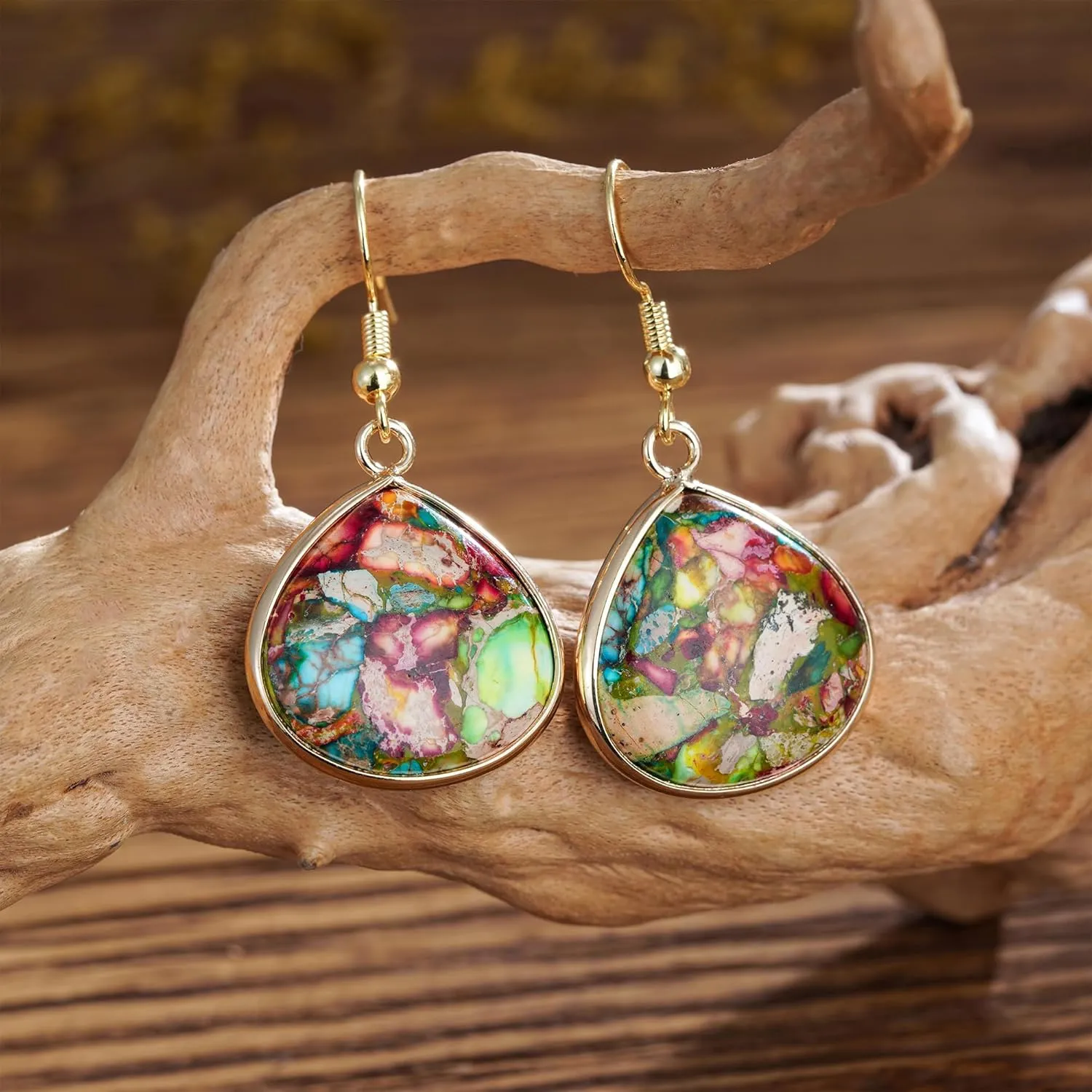 Boho Women Natural Stone Earrings Unique Healing Imperial Jasper Gemstone Energy Hypoallergenic Lightweight Dangle Drop Earrings Multiple Styles Earrings Jewelry for Birthday Party Gift