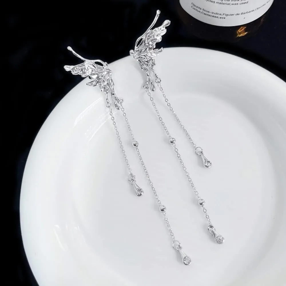 Butterfly Ear Cuff Earrings for Women Non-piercing Cute Dainty Aesthetic Boho Style Long Tassel Chain Dangle Shiny Zirconia Ear Cuff Wrap Crawler Climber Clip on Earrings