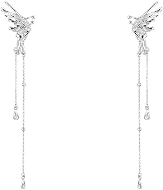 Butterfly Ear Cuff Earrings for Women Non-piercing Cute Dainty Aesthetic Boho Style Long Tassel Chain Dangle Shiny Zirconia Ear Cuff Wrap Crawler Climber Clip on Earrings