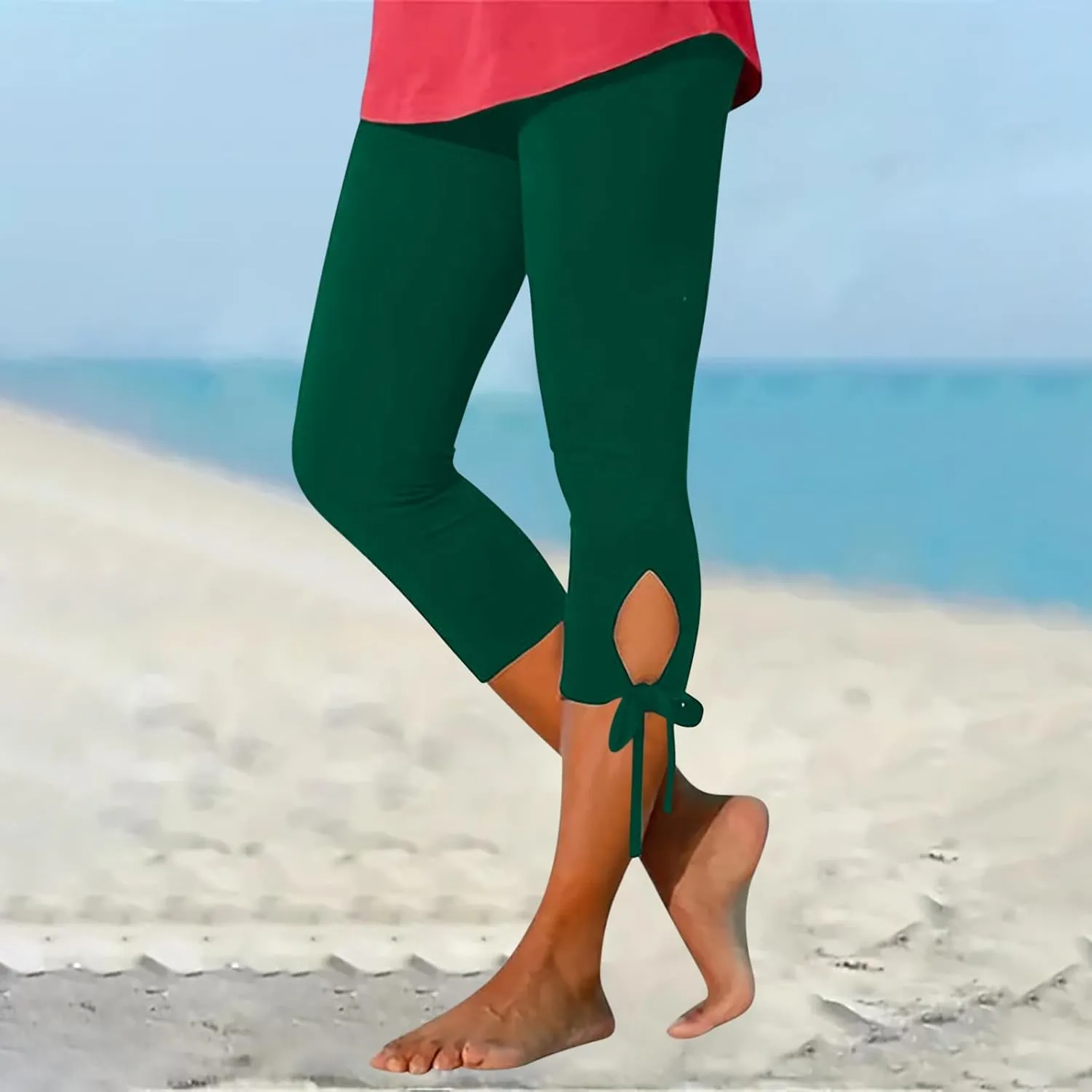 Capri Leggings For Women Knee Length Workout Cropped Pants Hollow/Lace Patchwork High Waist Trendy Petite Trousers