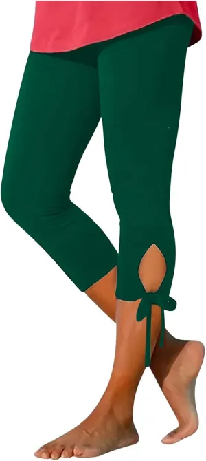 Capri Leggings For Women Knee Length Workout Cropped Pants Hollow/Lace Patchwork High Waist Trendy Petite Trousers