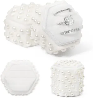 CEELGON Pearl Velvet Ring Box 3 Slots Jewelry Ring Box with Pearl Wedding Decor Bridal Photography Engagement Gift (White Hexagon)