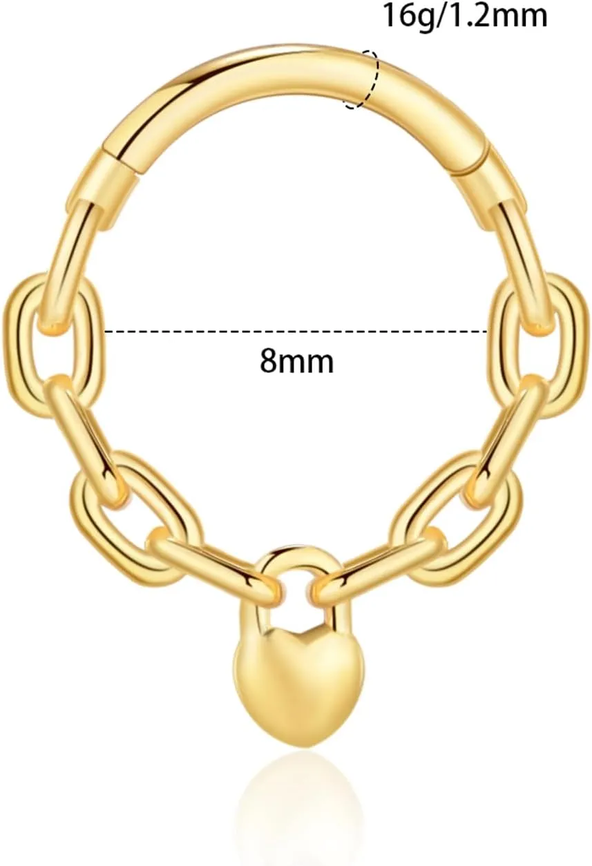 Chain Link Septum Rings: 16g 8mm Nose Helix Cartilage Daith Tragus Earring Piercing Ring Hoop, Surgical Steel Nose Ear Clicker Rings Piercing Jewelry For Women Men