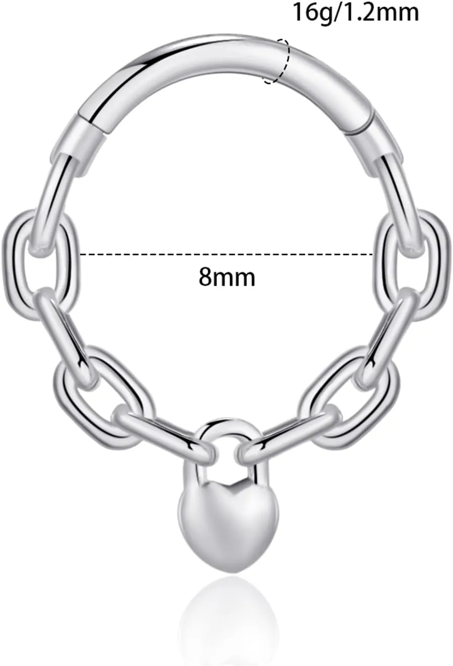 Chain Link Septum Rings: 16g 8mm Nose Helix Cartilage Daith Tragus Earring Piercing Ring Hoop, Surgical Steel Nose Ear Clicker Rings Piercing Jewelry For Women Men