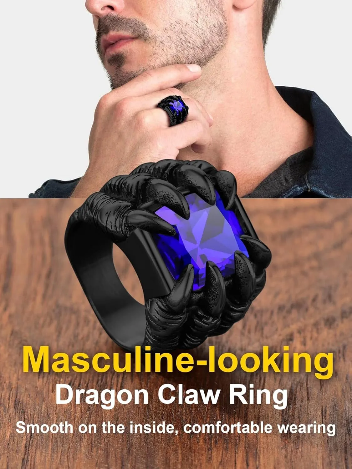 ChainsProMax Men Evil Eye Ring Biker Punk Rings, Dragon Claw Ring With Gemstone, Can Engrave, Stainless Steel/Gold Plated/Black-Send Gift Box