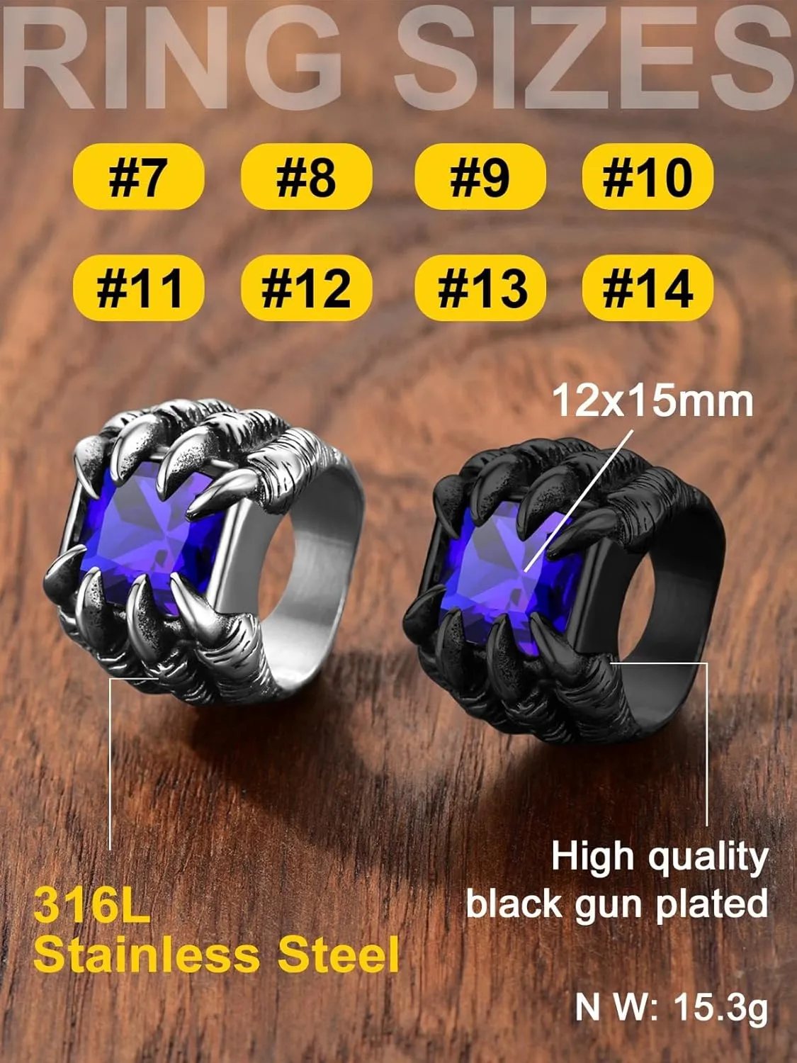 ChainsProMax Men Evil Eye Ring Biker Punk Rings, Dragon Claw Ring With Gemstone, Can Engrave, Stainless Steel/Gold Plated/Black-Send Gift Box