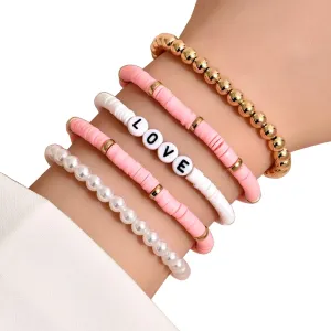 Charm Bracelet for Women, 5Pcs Unisex Bracelets Colorful Bohemian Polymer Clay Love Letters Faux Pearls Bracelets for Valentine's Day Gift Birthday Present