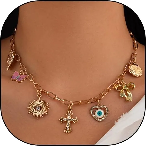 Charm Gold Evil Eye Cross Choker Necklace for Women Boho Heart Bowknot Pendant Necklace Adjustable Butterfly Shell Necklace Jewelry Accessories