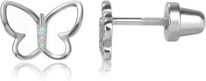 Cherished Moments Children's Sterling Silver Butterfly Screw Back Earrings with Pink or Rainbow CZs for Babies, Little Girls, Kids and Toddlers
