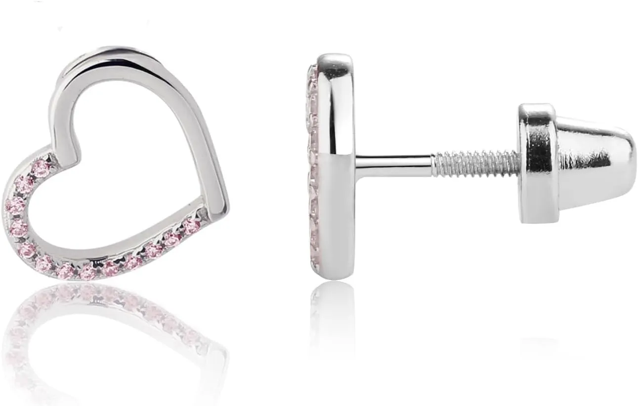 Cherished Moments Children's Sterling Silver or 14k Gold Plated Floating Heart Screw Back Earrings with Pink or Clear CZ's for Babies, Little Girls, Kids and Toddlers
