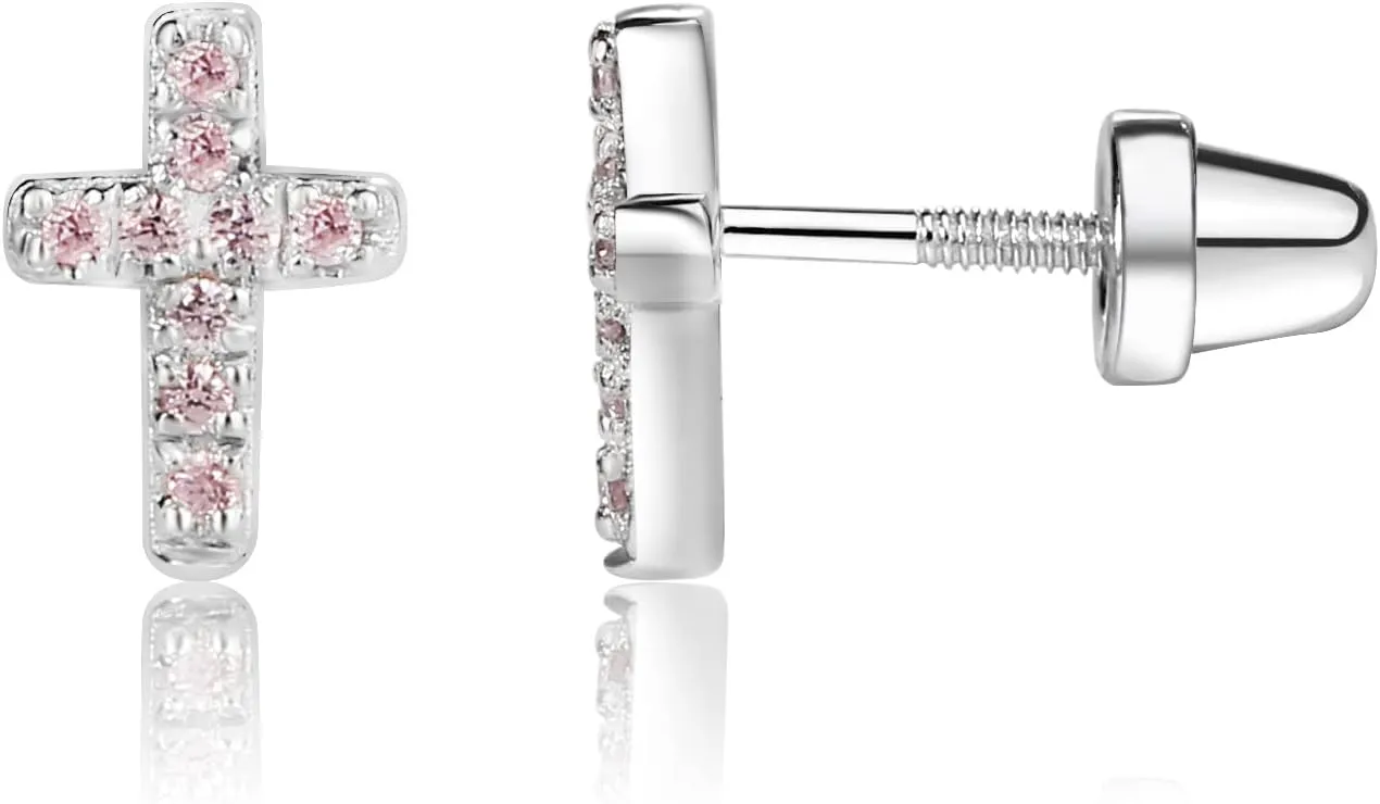 Cherished Moments Children's Sterling Silver or Gold-Plated Cross Earrings with CZs and Safety Screw Backs for Baptism, Christening and First Communion Gifts for Girls