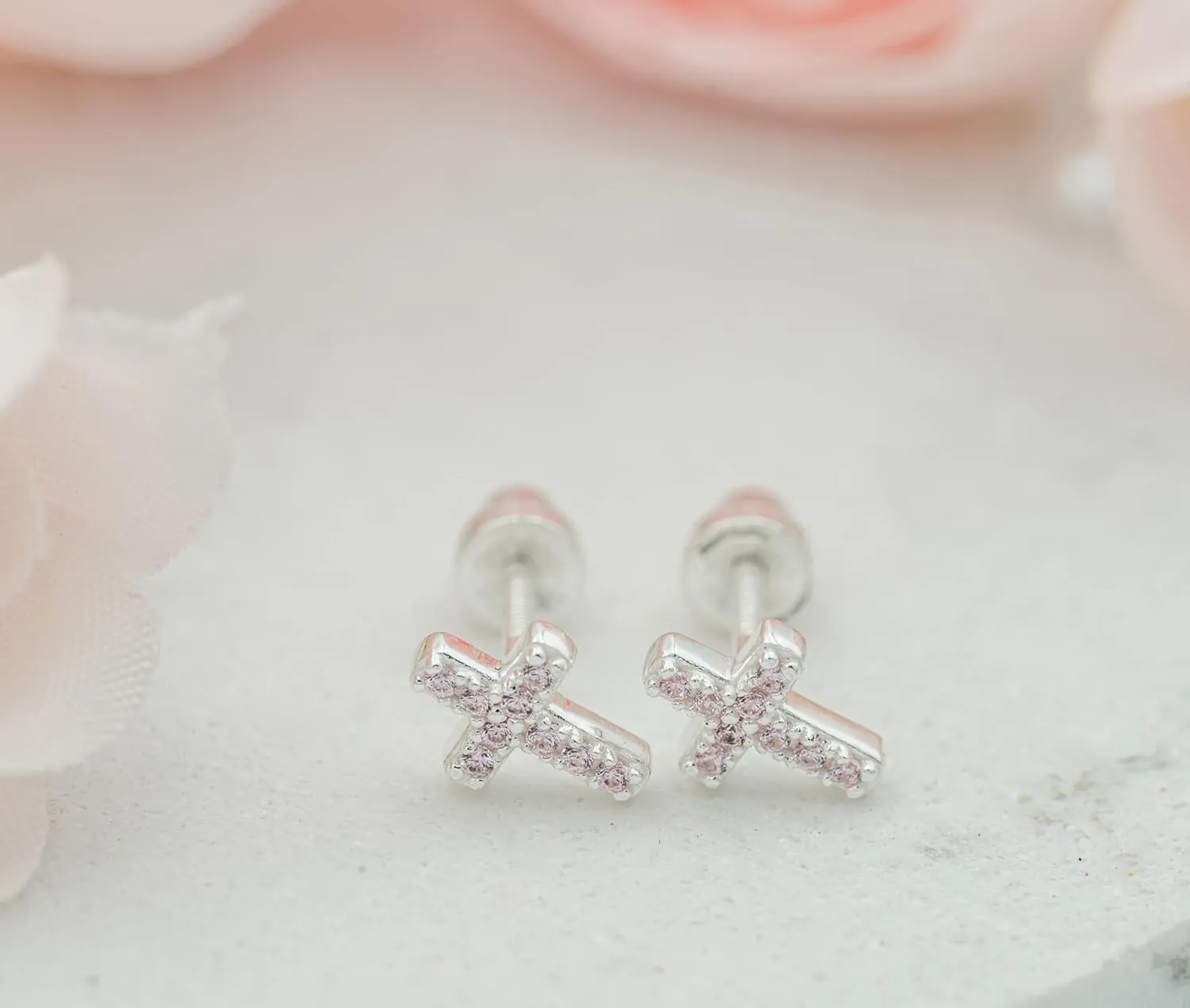 Cherished Moments Children's Sterling Silver or Gold-Plated Cross Earrings with CZs and Safety Screw Backs for Baptism, Christening and First Communion Gifts for Girls