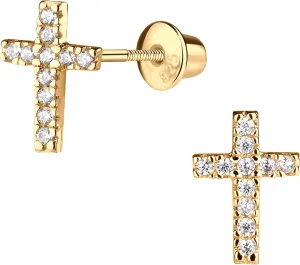 Cherished Moments Children's Sterling Silver or Gold-Plated Cross Earrings with CZs and Safety Screw Backs for Baptism, Christening and First Communion Gifts for Girls