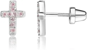 Cherished Moments Children's Sterling Silver or Gold-Plated Cross Earrings with CZs and Safety Screw Backs for Baptism, Christening and First Communion Gifts for Girls