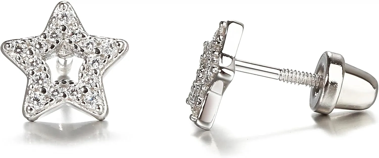 Cherished Moments Children's Sterling Silver Star Screw Back Earrings with Tiny CZ Stones
