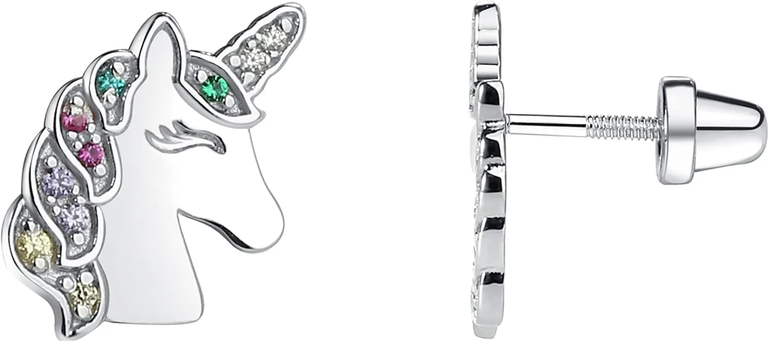 Cherished Moments Children's Sterling Silver Unicorn Earrings with Screw Backs and Sparkling CZs for Girls