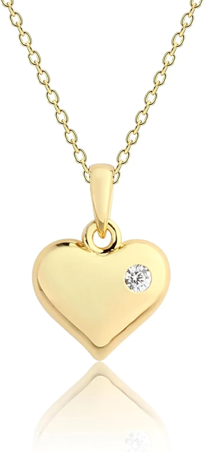Cherished Moments Girl's 14k Gold Plated over Sterling Silver Puff Heart Necklace Accented with a Clear CZ Stone