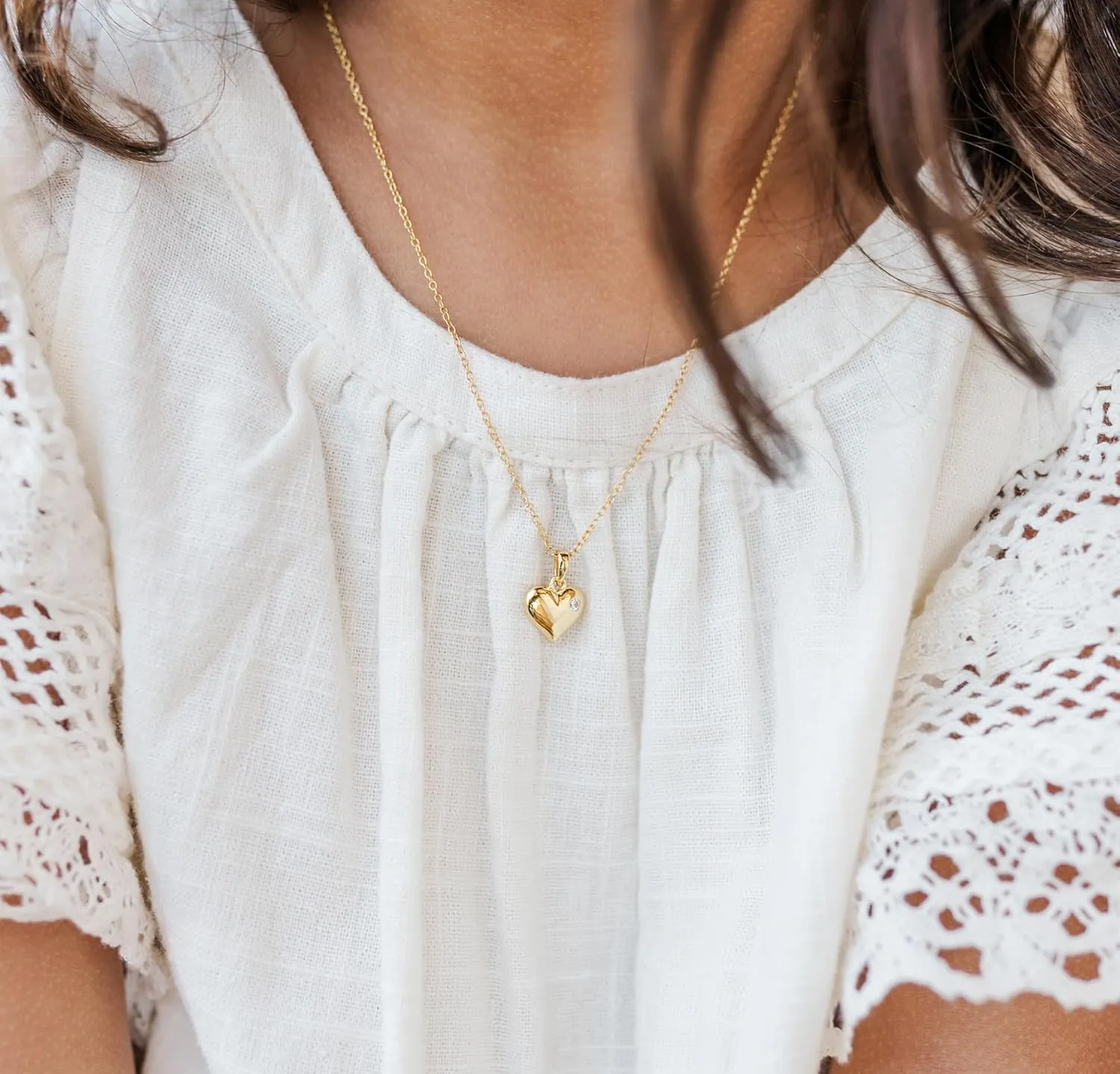 Cherished Moments Girl's 14k Gold Plated over Sterling Silver Puff Heart Necklace Accented with a Clear CZ Stone