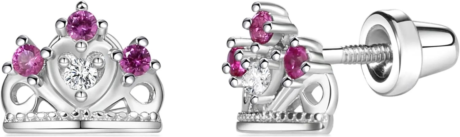 Cherished Moments Girl's Sterling Silver Princess Tiara Earrings with Screw Backs and Sparkling CZ's