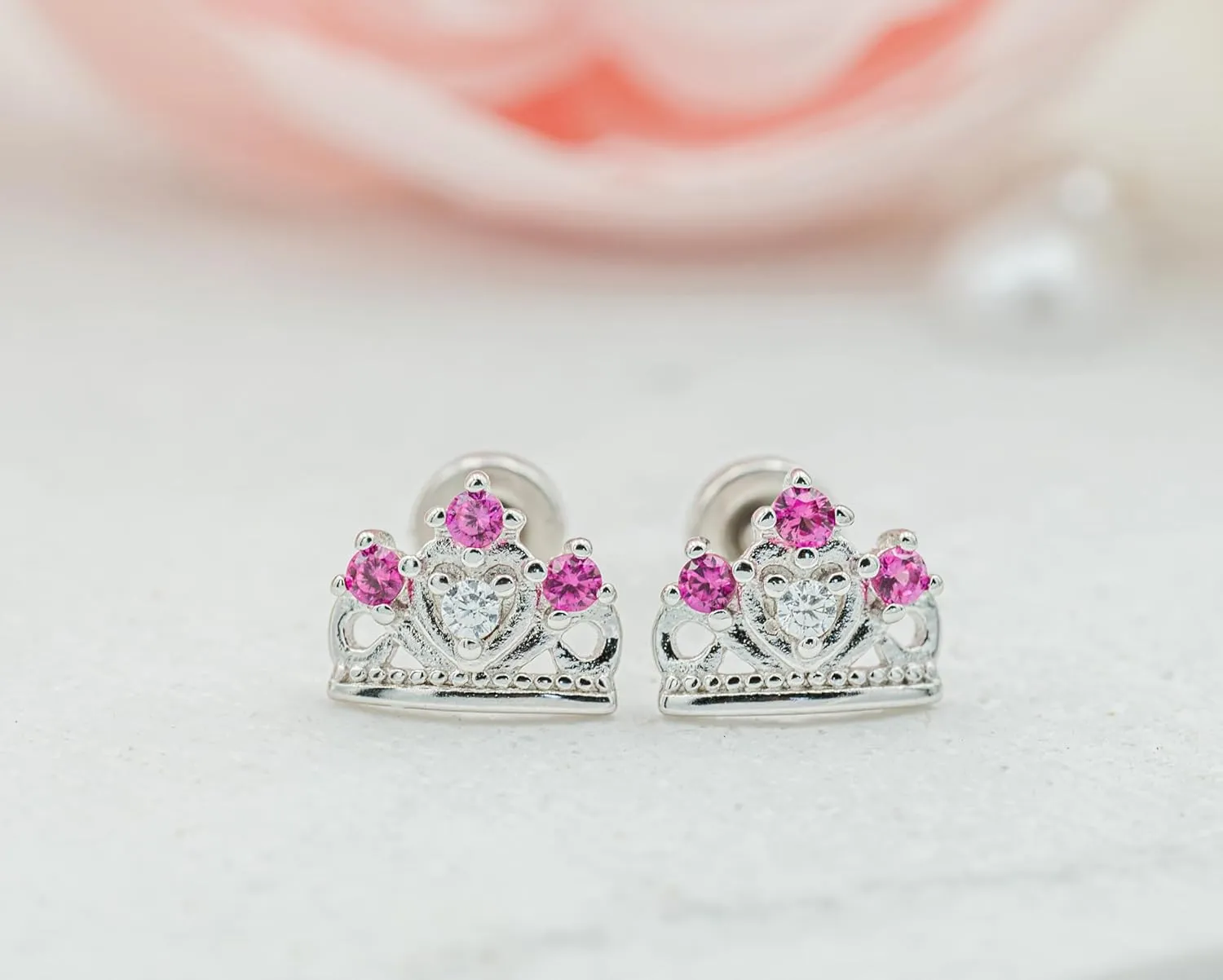 Cherished Moments Girl's Sterling Silver Princess Tiara Earrings with Screw Backs and Sparkling CZ's