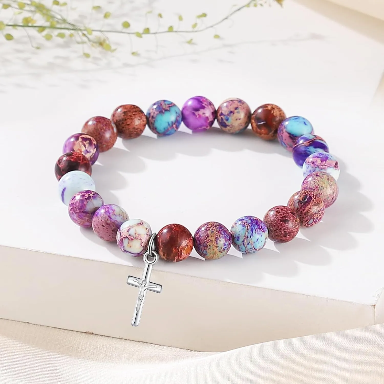 Christian Gifts for Women Cross Beads Bracelet Pink Red Catholic Religious Faith Jewelry Mothers Day Birthday Anniversary Christmas Gifts for Women Mother/Daughter/Sister/Girlfriend/Grandma/Wife