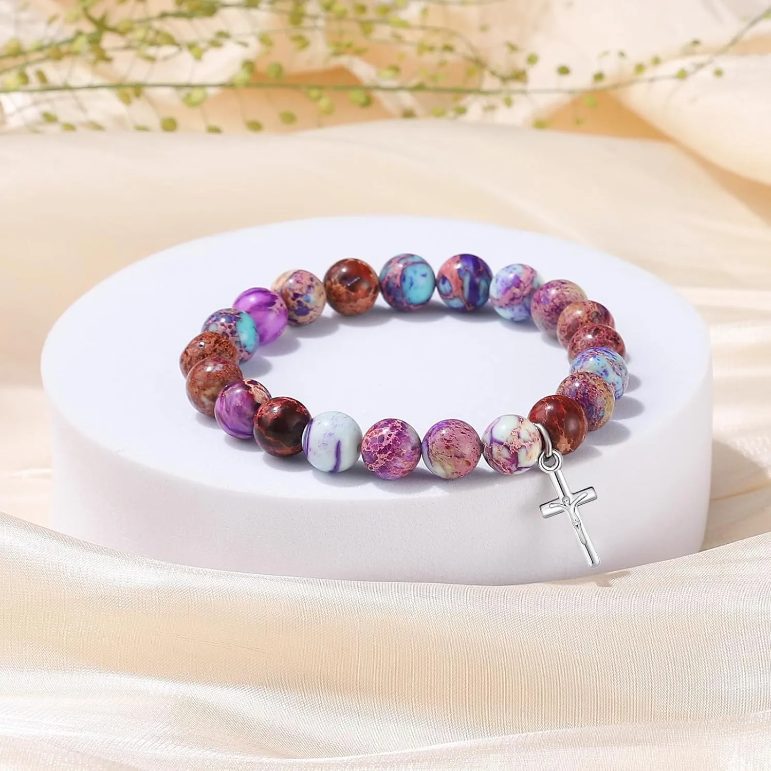 Christian Gifts for Women Cross Beads Bracelet Pink Red Catholic Religious Faith Jewelry Mothers Day Birthday Anniversary Christmas Gifts for Women Mother/Daughter/Sister/Girlfriend/Grandma/Wife