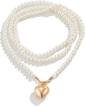 Chunky Gold Heart Necklaces for Women Long Pearl Heart Pendant Necklace Layered Puffy Love Pearl Choker Necklace Trendy Y2k Jewelry Accessory Gifts